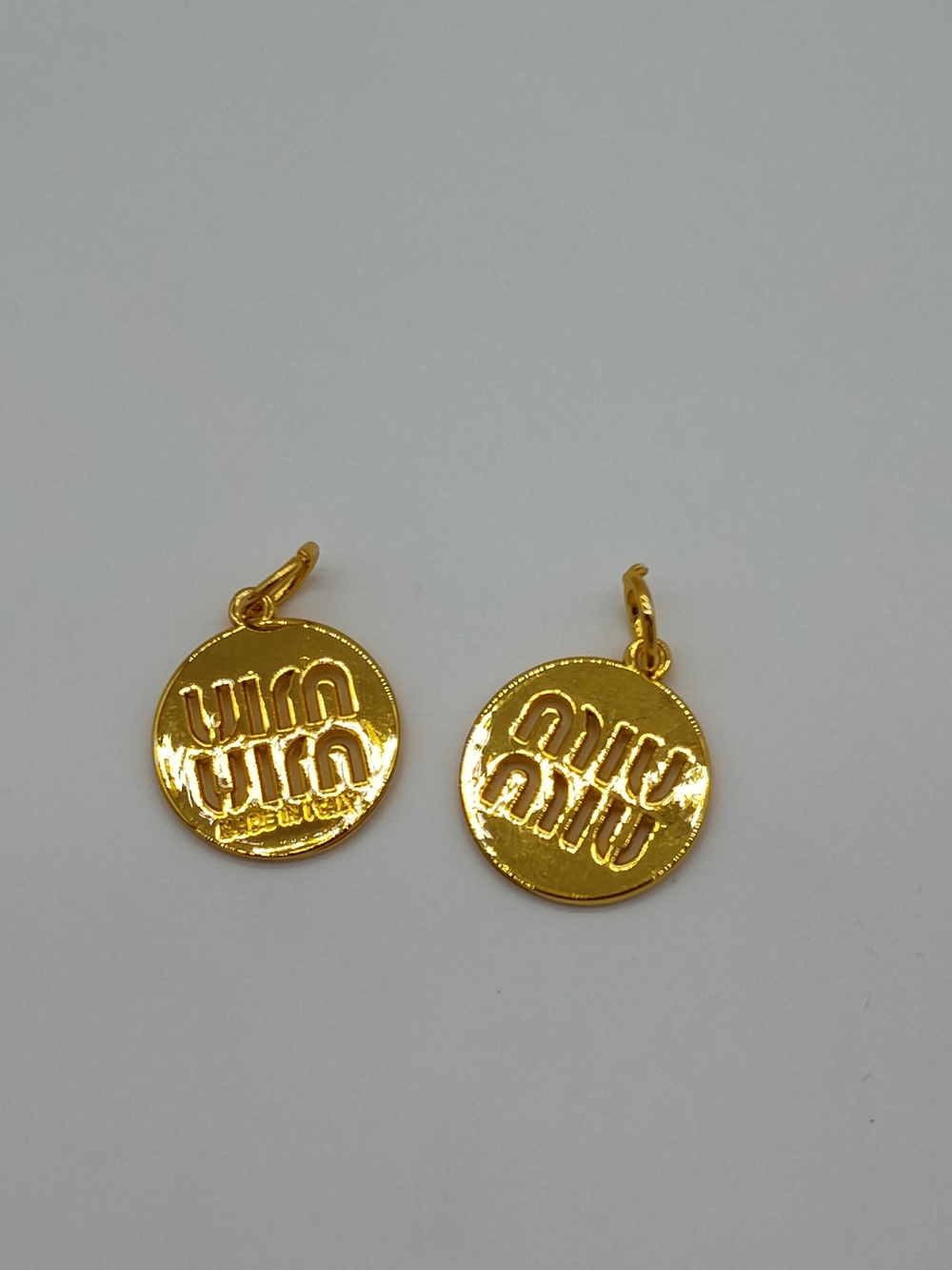 MIU MIU Logo Gold Tone Round Zipper Pull Charm Pair Made in Italy EUC